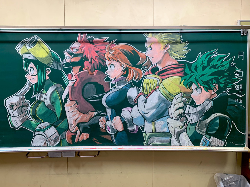 2girls, 3boys, adjusting_clothes, adjusting_gloves, asui_tsuyu, blonde_hair, boku_no_hero_academia, breasts, brown_hair, chalk_(medium), chalkboard, clenched_teeth, commentary_request, crossed_legs, freckles, gloves, goggles, goggles_on_head, green_hair, highres, kirishima_eijirou, long_hair, making-of_available, medium_breasts, midoriya_izuku, multiple_boys, multiple_girls, photo_(medium), redhead, sharp_teeth, teeth, togata_mirio, tori_(fx36knkdo8tqays), traditional_media, translation_request, uraraka_ochako