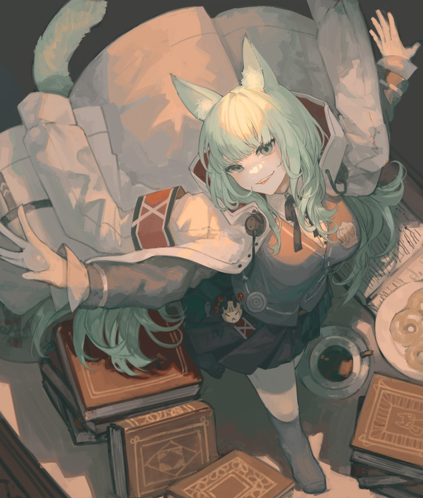 1girl, absurdres, animal_ear_fluff, animal_ears, arknights, armband, black_skirt, black_socks