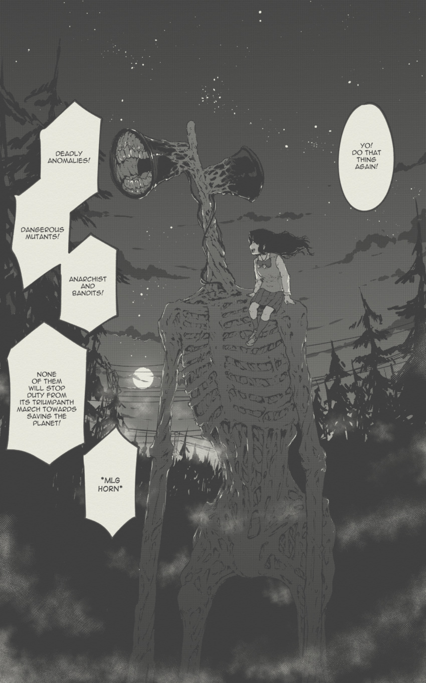1girl, english_text, forest, greyscale, highres, lily_(tyrone), monochrome, monster, nature, night, original, outdoors, siren_head, sitting_on_shoulder, size_difference, sky, speech_bubble, stalker_(game), star_(sky), starry_sky, tree, tyrone