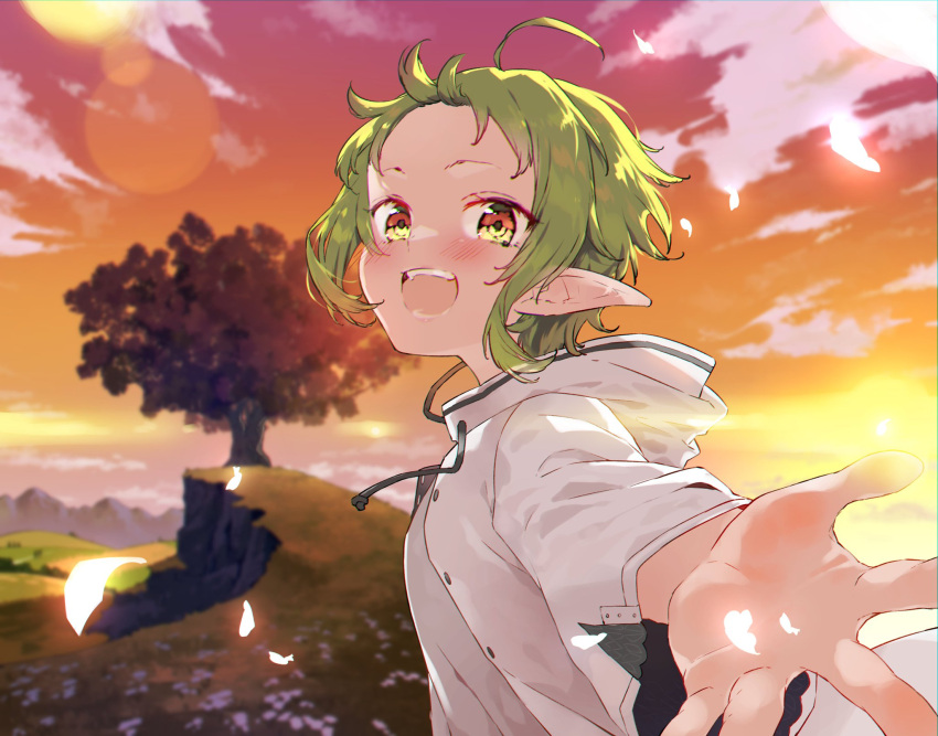 1girl, ahoge, elf, forehead, green_hair, highres, hood, hooded_jacket