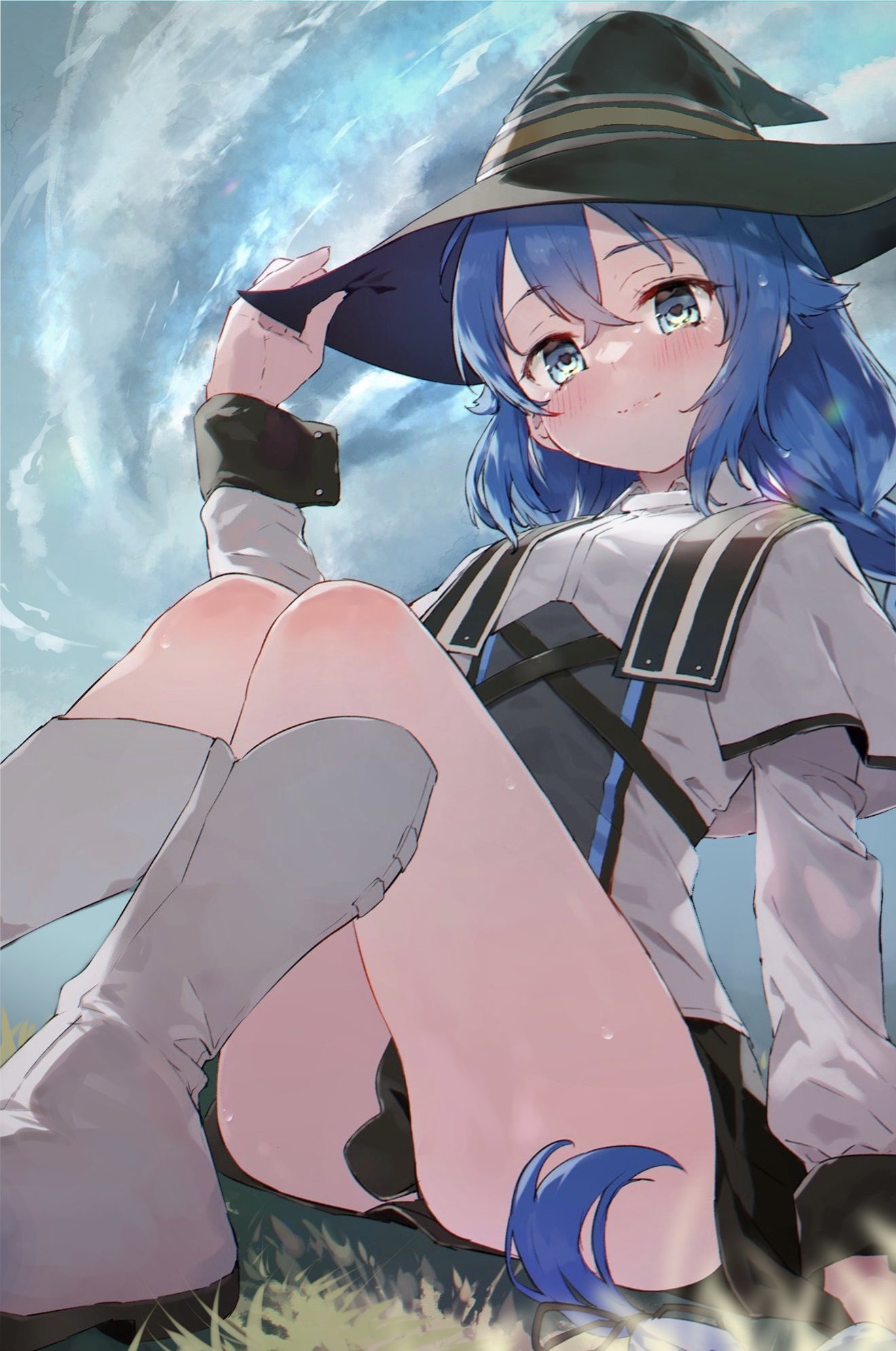 1girl, black_skirt, blue_eyes, blue_hair, boots, braid, breasts, capelet