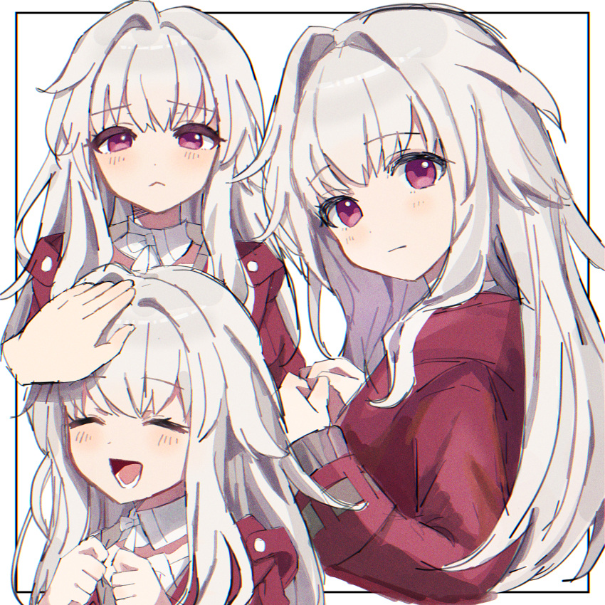 1girl, :<, anaketsu, blush, border, clara_(honkai:_star_rail), clenched_hands, closed_eyes
