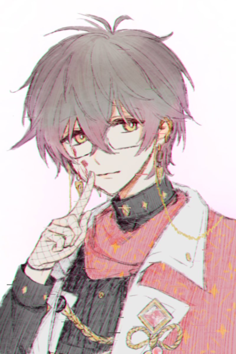 1boy, alternate_color, black_shirt, blood, blood_on_face, capelet, chromatic_aberration, closed_mouth, eki_eveland, eyewear_strap, finger_to_mouth, fishnet_gloves, fishnets, glasses, glitch, gloves, grey_hair, hair_between_eyes, hand_up, highres, ike_eveland, ike_eveland_(1st_costume), jacket, long_sleeves, looking_at_viewer, male_focus, meat_(1229), multicolored_eyes, multicolored_hair, nijisanji, nijisanji_en, red_capelet, red_eyes, red_scarf, redhead, scarf, shirt, simple_background, solo, turtleneck, upper_body, virtual_youtuber, white_background, white_jacket, yellow_eyes