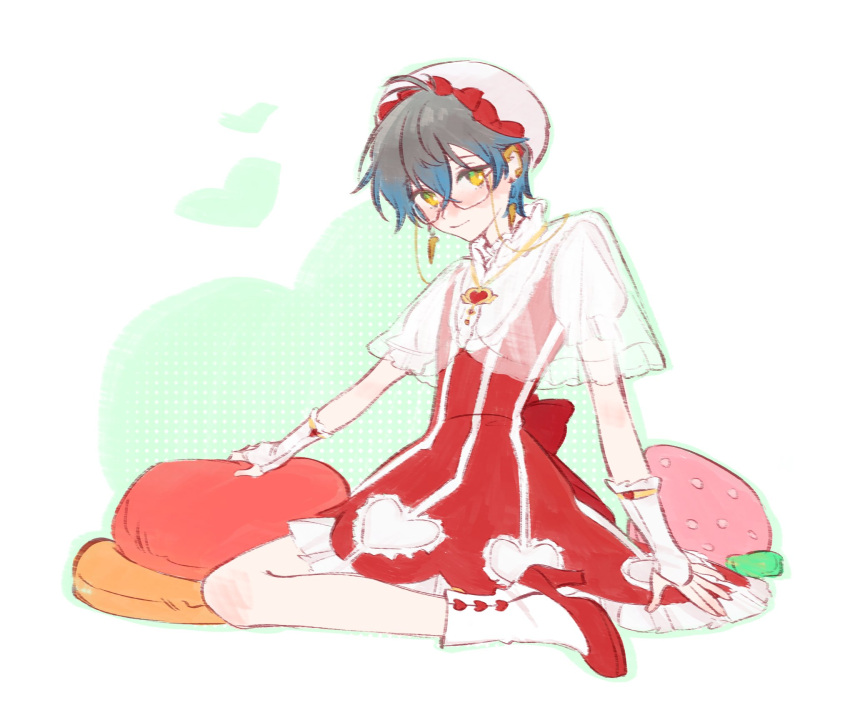1boy, beret, blue_hair, boots, bow, capelet, crossdressing, dress