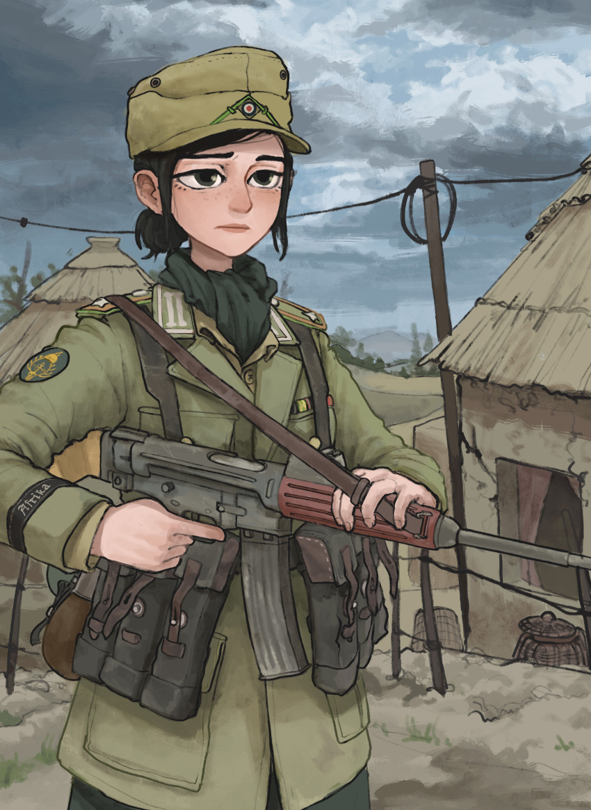 1girl, absurdres, africa, afrika_korps, ammunition_pouch, assault_rifle, belt, black_eyes, black_hair, black_scarf, blush, breast_pocket, brown_belt, brown_headwear, brown_jacket, brown_shirt, buttons, canteen, closed_mouth, clouds, collar_tabs, collared_shirt, commentary, commission, cuff_title, dark_clouds, day, english_commentary, fence_post, gas_mask_canister, grey_pants, gun, hat, hat_ornament, highres, hut, insignia, jacket, lapels, load_bearing_equipment, looking_ahead, m43_field_cap, military, military_hat, military_jacket, military_uniform, nose, notched_lapels, original, outdoors, overcast, pants, patch, pink_lips, pocket, pouch, power_lines, ribbon_bar, rifle, rifleman1130, scarf, shirt, short_hair, short_ponytail, shoulder_boards, shoulder_patch, sky, sling, soldier, solo, stg45, trigger_discipline, uniform, upper_body, utility_pole, weapon, world_war_ii