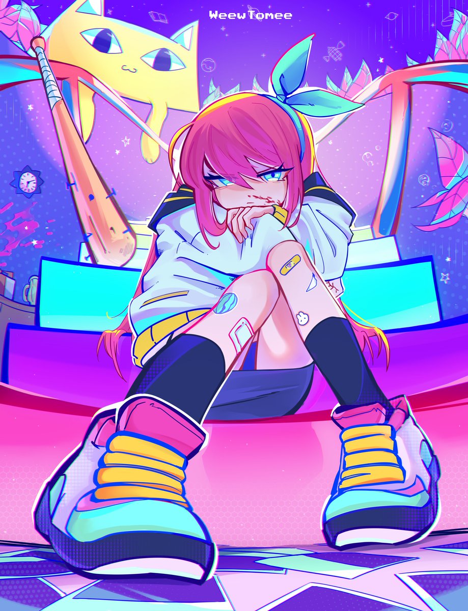 1girl, artist_name, aubrey_(omori), bandaid, bandaid_on_knee, bandaid_on_leg, baseball_bat, big_yellow_cat_(omori)