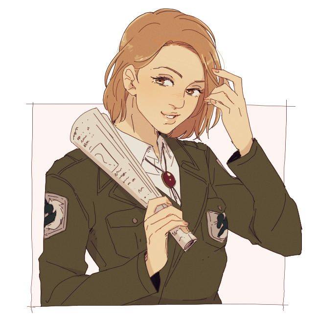 1girl, adjusting_hair, brown_eyes, commentary, english_commentary, green_jacket, hanpetos, hitch_dreyse