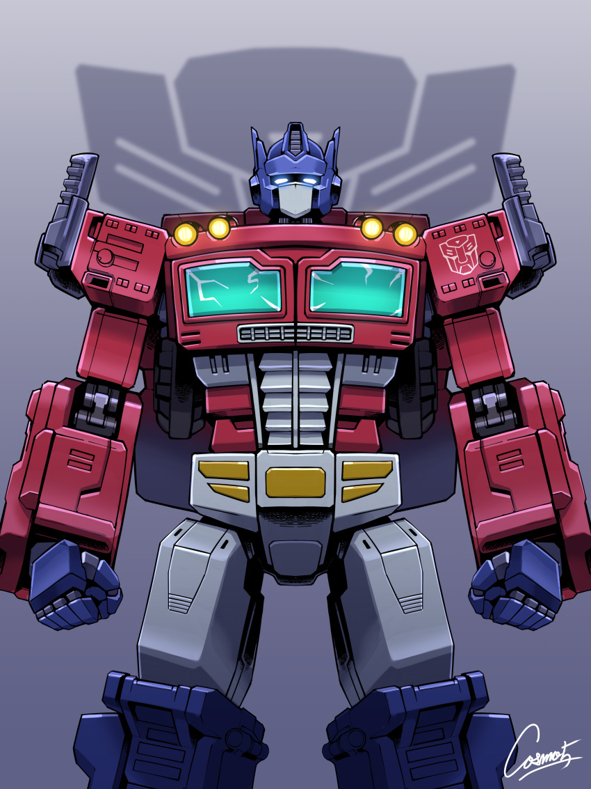 absurdres, arms_at_sides, autobot, blue_eyes, clenched_hands, cosmo-5, feet_out_of_frame, glowing, glowing_eyes, highres, insignia, looking_at_viewer, mecha, no_humans, optimus_prime, robot, science_fiction, signature, solo, standing, straight-on, transformers, transformers:_war_for_cybertron_trilogy