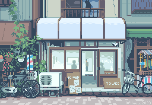 3others, ambiguous_gender, animated, animated_gif, balcony, barber_pole, bicycle, cat