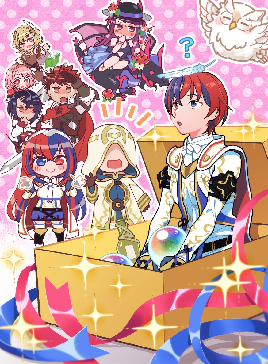 1other, 3girls, 4girls, ?, alcryst_(fire_emblem), alear_(female)_(fire_emblem), alear_(fire_emblem), alear_(male)_(fire_emblem), ambiguous_gender, animal, armor, bikini, bird, black_armor, black_gloves, black_hair, black_headwear, blonde_hair, blue_eyes, blue_gloves, blue_one-piece_swimsuit, blue_skirt, blush, book, box, brown_gloves, chibi, citrinne_(fire_emblem), cloak, commentary_request, diamant_(fire_emblem), dragon, feathers, feh_(fire_emblem_heroes), fire_emblem, fire_emblem_engage, fire_emblem_heroes, gauntlets, gift, gift_box, gloves, gold_trim, hair_ornament, hat, heterochromia, holding, holding_sword, holding_weapon, hood, hood_up, hooded_cloak, ivy_(fire_emblem), ivy_(summer)_(fire_emblem), kiran_(fire_emblem), kszm_fe, lapis_(fire_emblem), long_hair, looking_up, multicolored_hair, multiple_girls, official_alternate_costume, one-piece_swimsuit, open_book, orange_eyes, orb, owl, pink_hair, purple_hair, red_eyes, redhead, short_hair, skirt, split-color_hair, swimsuit, sword, two-tone_hair, very_long_hair, violet_eyes, weapon, white_cloak, wyvern