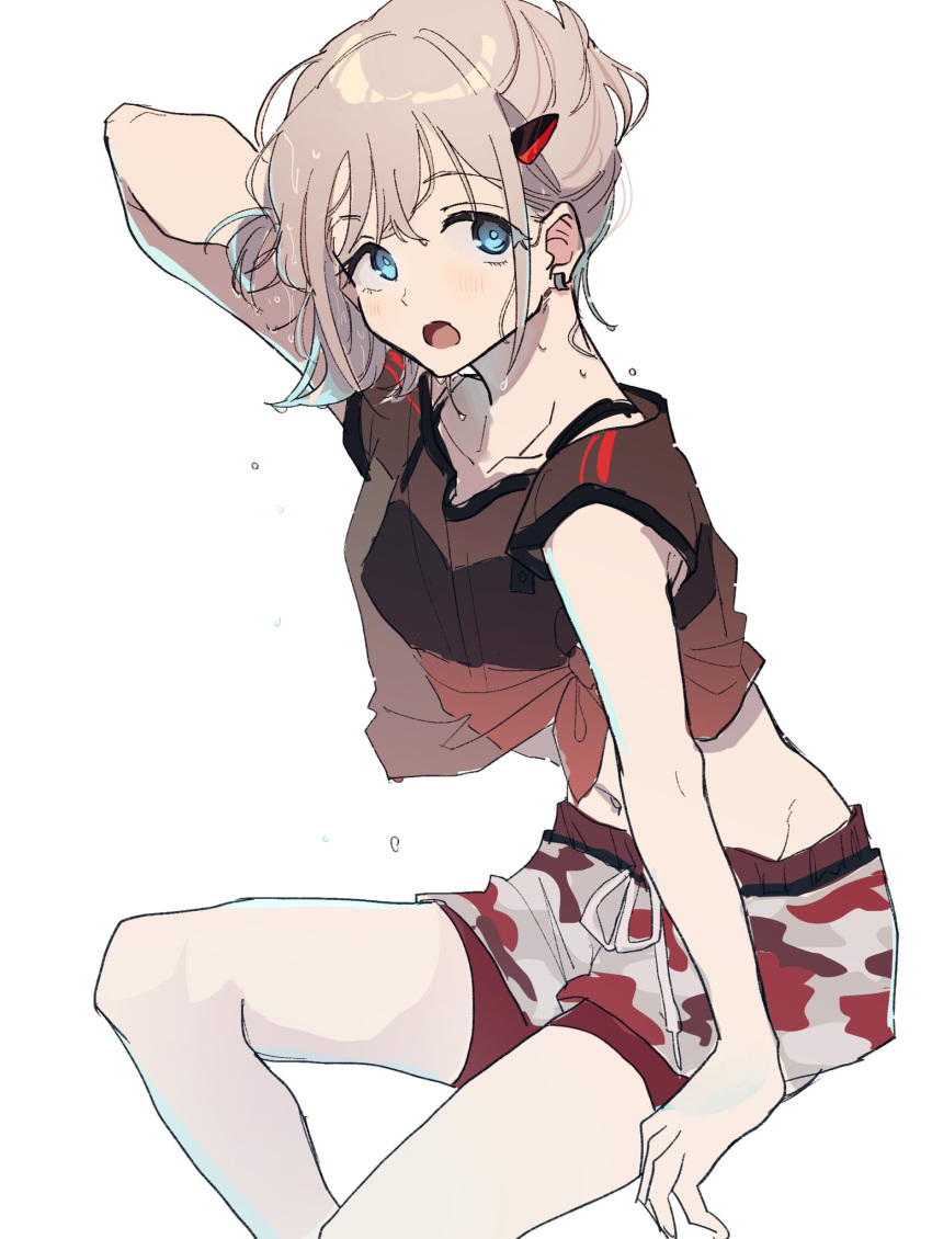 1girl, blue_eyes, crop_top, earrings, grey_hair, hair_ornament, hairclip, highres, idolmaster, idolmaster_shiny_colors, jewelry, light_brown_hair, male_swimwear, messiah_go, open_mouth, see-through, serizawa_asahi, short_hair, single_earring, solo, swim_trunks, swimsuit, white_background