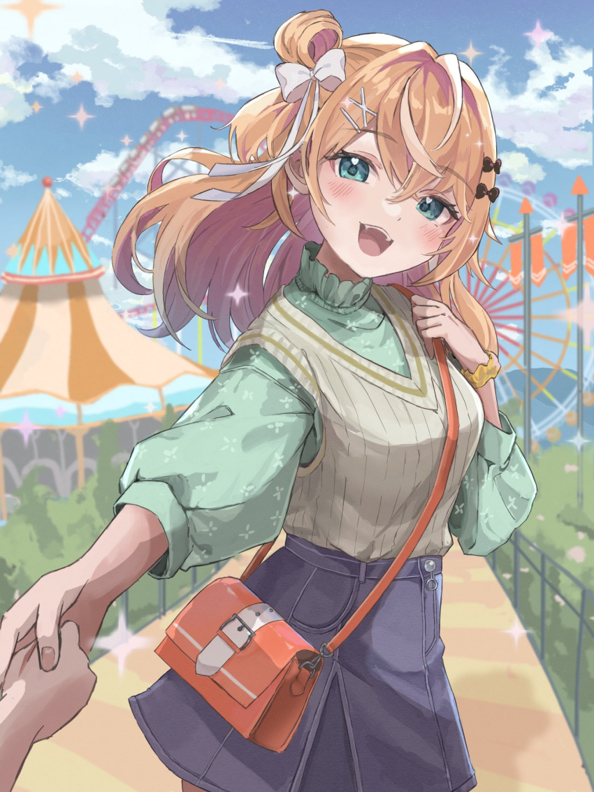 1girl, aqua_eyes, bag, blonde_hair, blue_skirt, bow, green_shirt, green_sweater_vest, hair_bow, hair_bun, hair_ornament, highres, holding_hands, igarashi_rika, long_hair, multicolored_hair, nijisanji, orange_bag, penta_(pepepen_28), pov, roller_coaster, shirt, shoulder_bag, single_side_bun, skirt, solo, streaked_hair, sweater_vest, virtual_youtuber, white_bow, white_hair, x_hair_ornament