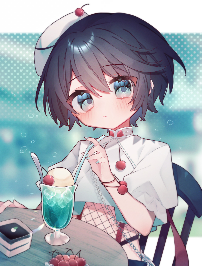 1boy, absurdres, beret, black_hair, blue_eyes, blue_nails, blush, chair, cherry, clock_over_orquesta, closed_mouth, commentary, cropped_shirt, cup, drink, drinking_straw, eringikinono, fishnet_top, fishnets, food, fruit, hair_between_eyes, hat, high_collar, highres, ice, ice_cream, ice_cube, kokonoe_konoe, long_sleeves, looking_at_viewer, male_focus, nail_polish, polka_dot, polka_dot_background, raised_eyebrows, shirt, short_hair, sidelocks, sitting, solo, spoon, stitches, symbol-only_commentary, table, upper_body, white_headwear, white_shirt, wooden_table