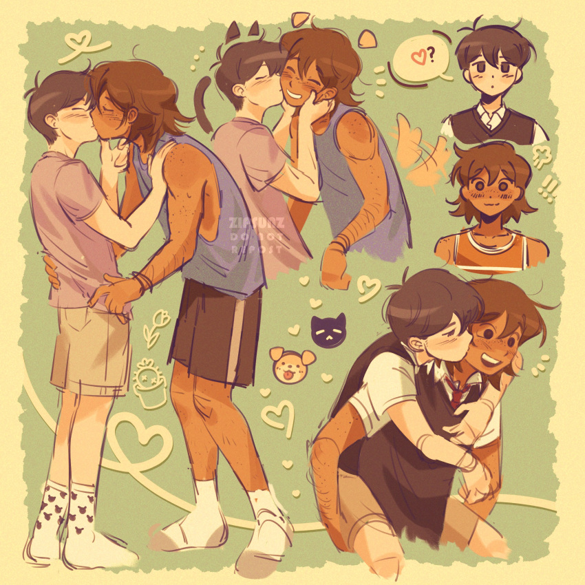 !, !!, 2boys, ?, absurdres, artist_name, bishounen, black_hair, carrying, cat_boy, dog_boy, english_commentary, hands_on_another's_face, heart, highres, interracial, kel_(omori), kiss, kissing_cheek, male_focus, multiple_boys, omori, piggyback, short_hair, shorts, simple_background, smile, socks, spoken_heart, spoken_question_mark, sunny_(omori), tail, tail_wagging, tank_top, teeth, upper_teeth_only, white_socks, yaoi, zipsunz