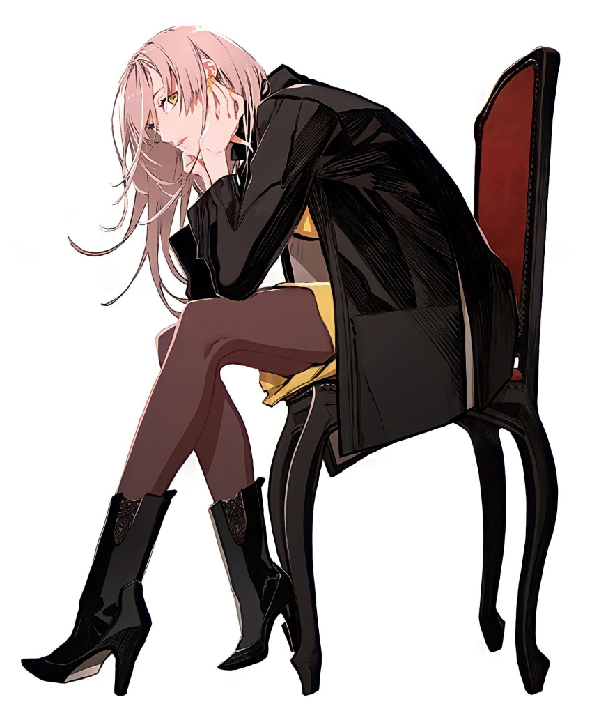 black_coat, black_footwear, breasts, chair, coat, fate:lost_einherjar, fate_(series), green_eyes