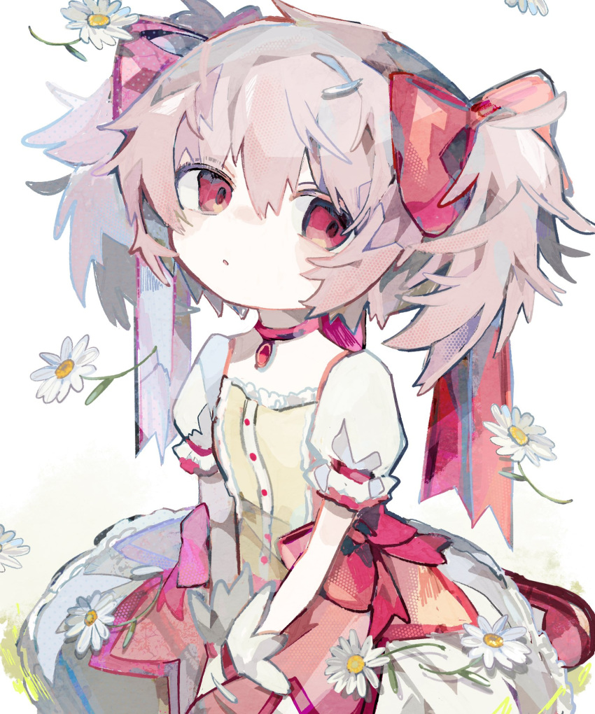 1girl, bow, choker, daisy, dress, flower, gloves, hair_bow
