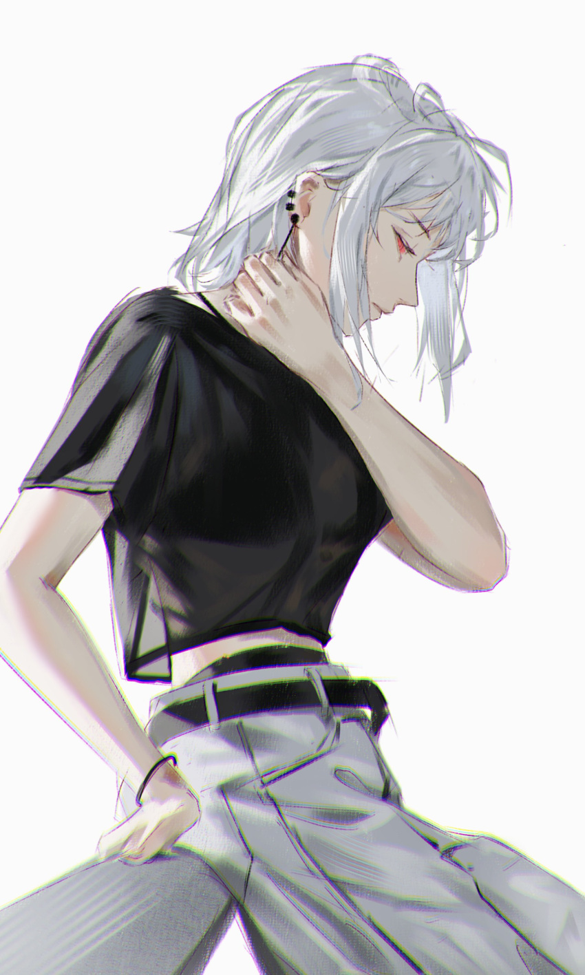 1girl, absurdres, against_railing, black_shirt, chainsaw_man, chromatic_aberration, commentary, earrings