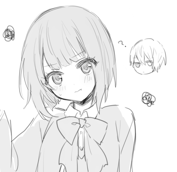 1boy, 1girl, angry, arima_kana, blush, bow, bowtie, closed_mouth, greyscale, hoshino_aquamarine, long_sleeves, looking_at_viewer, monochrome, oshi_no_ko, pout, qi7pi, short_hair, solo_focus, squiggle, sweat