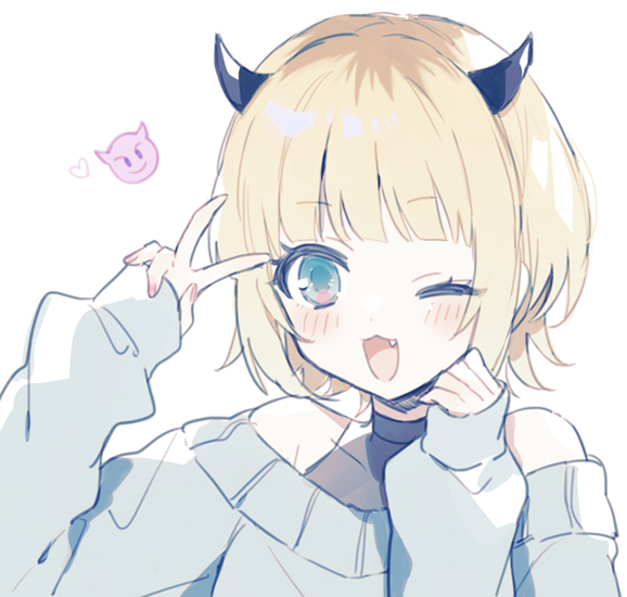 1girl, :3, aqua_eyes, black_shirt, blonde_hair, blue_sweater, blush, clenched_hand