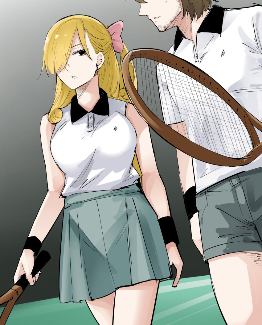 1boy, 1girl, arms_at_sides, black_eyes, black_wrist_cuffs, blonde_hair, bow, breasts