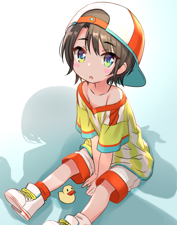2girls, aged_down, backwards_hat, baseball_cap, between_legs, blush_stickers, brown_hair, hand_between_legs