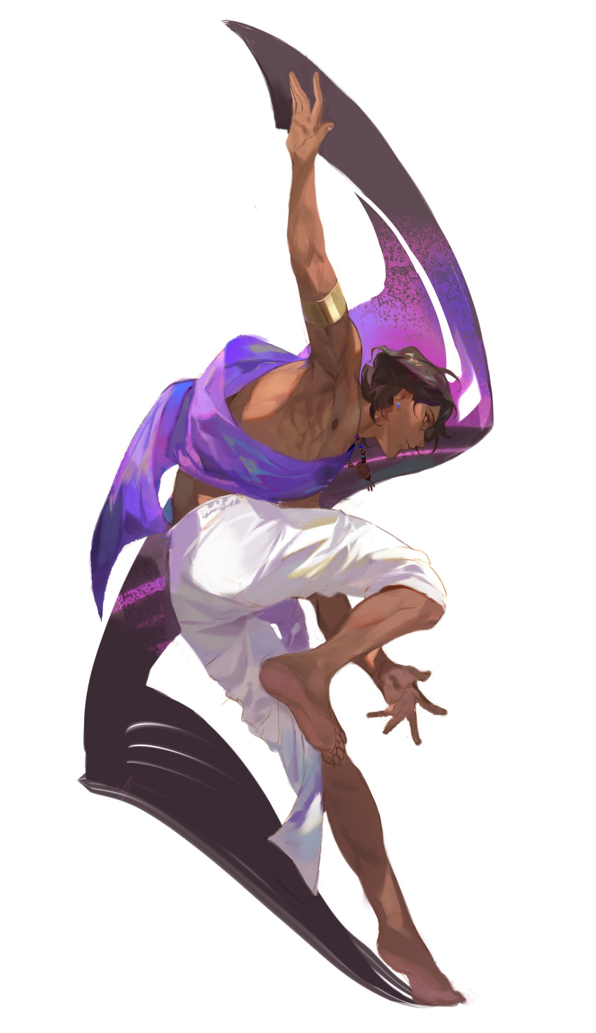 1boy, absurdres, arjuna_(fate), armlet, armpits, bare_shoulders, barefoot, black_hair