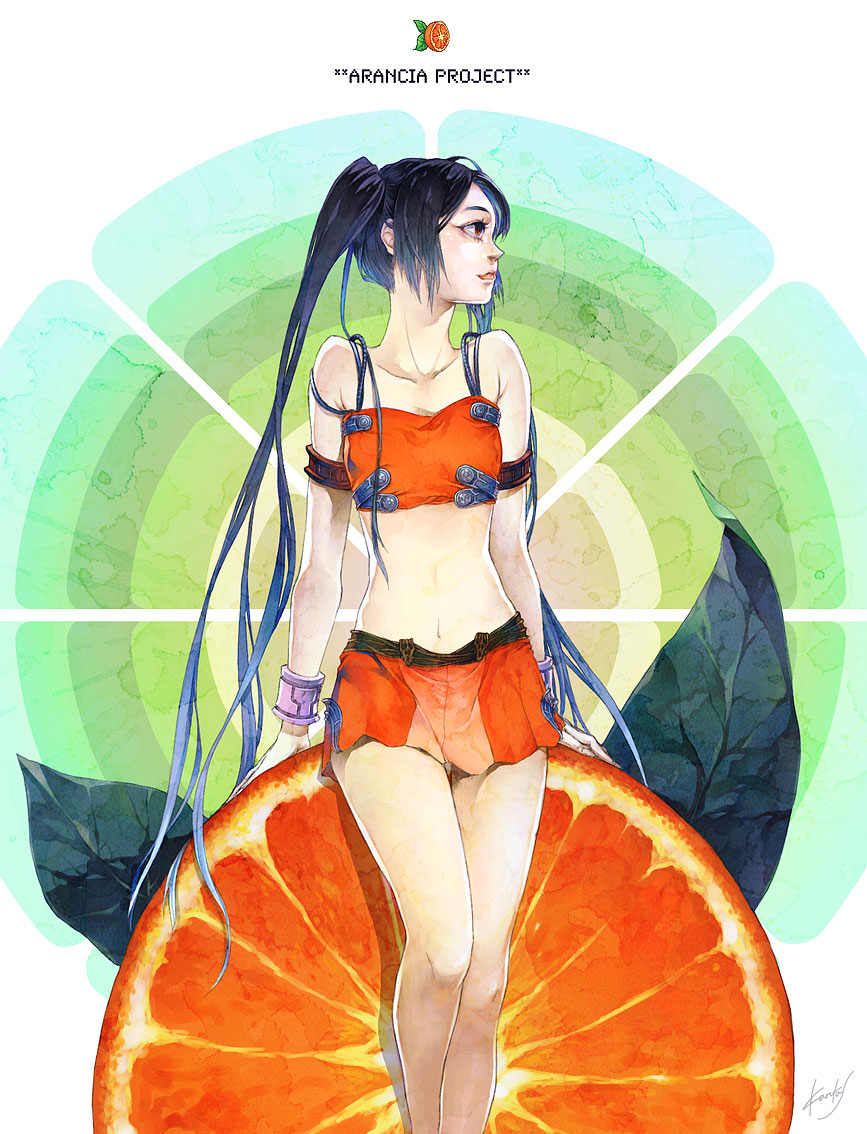 arancia, black_hair, food, fruit, karuta_shiki, midriff, orange, original