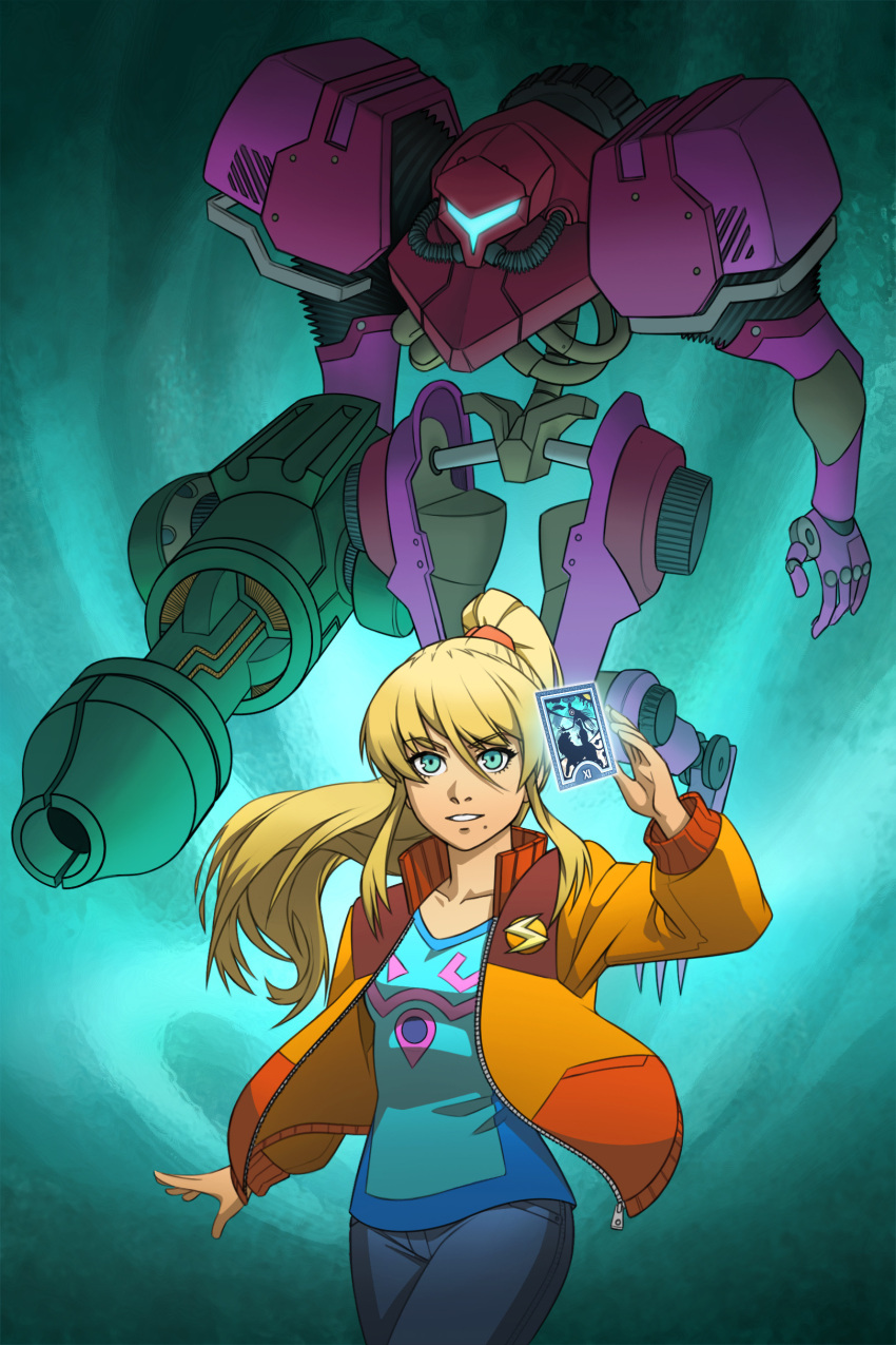 1girl, absurdres, adapted_costume, aqua_background, arm_cannon, assault_visor, blonde_hair, blue_eyes