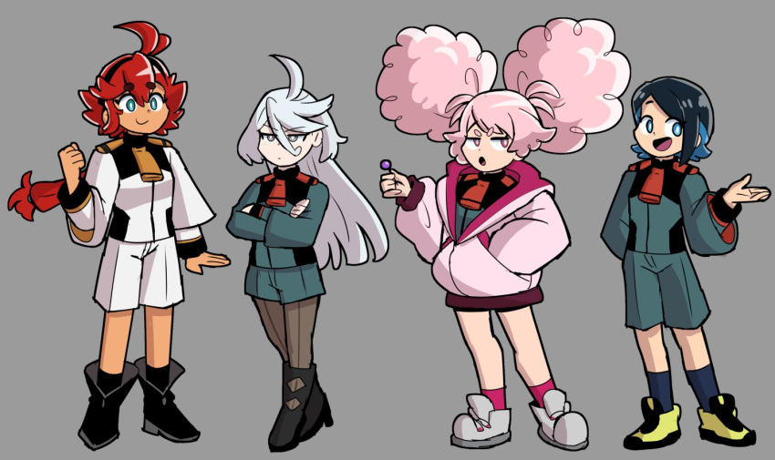 4girls, asticassia_school_uniform, black_hair, blue_eyes, chuatury_panlunch, crossed_arms, eggtempest, green_jacket