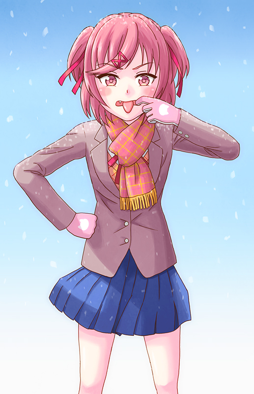 1girl, blazer, blue_background, blue_skirt, blush, bow, bowtie, breasts