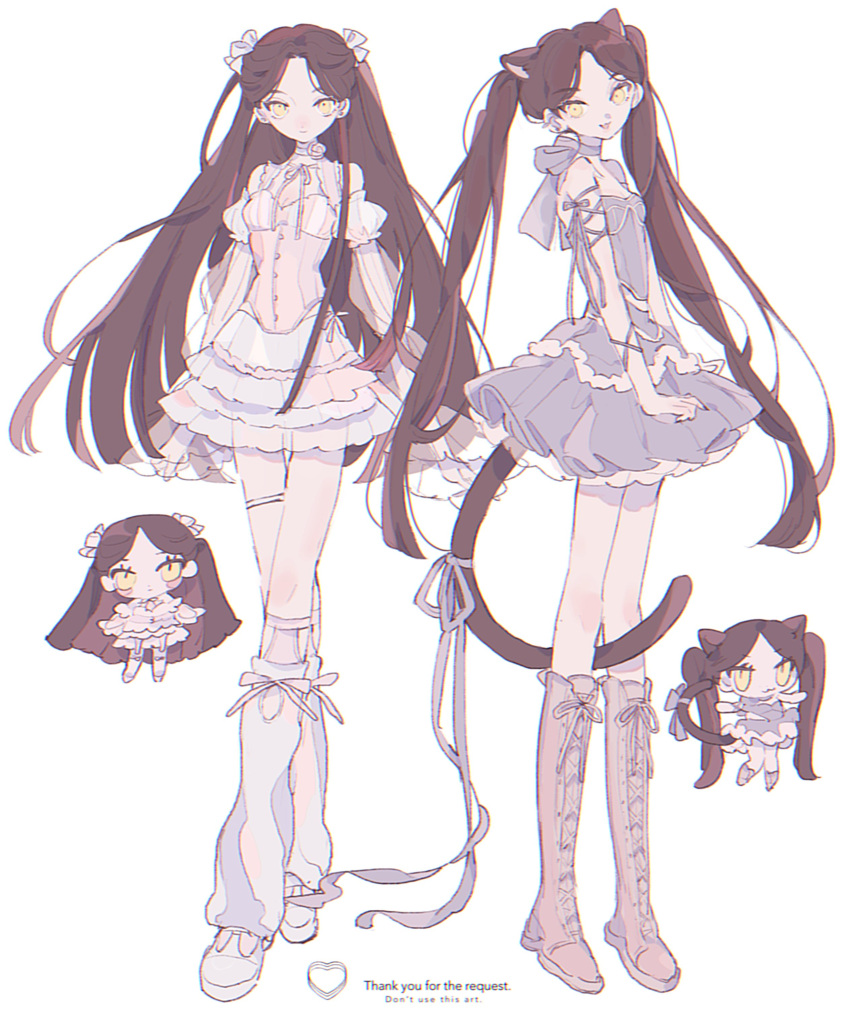 2girls, :3, absurdres, animal_ears, bare_shoulders, boots, brown_hair, cat_ears