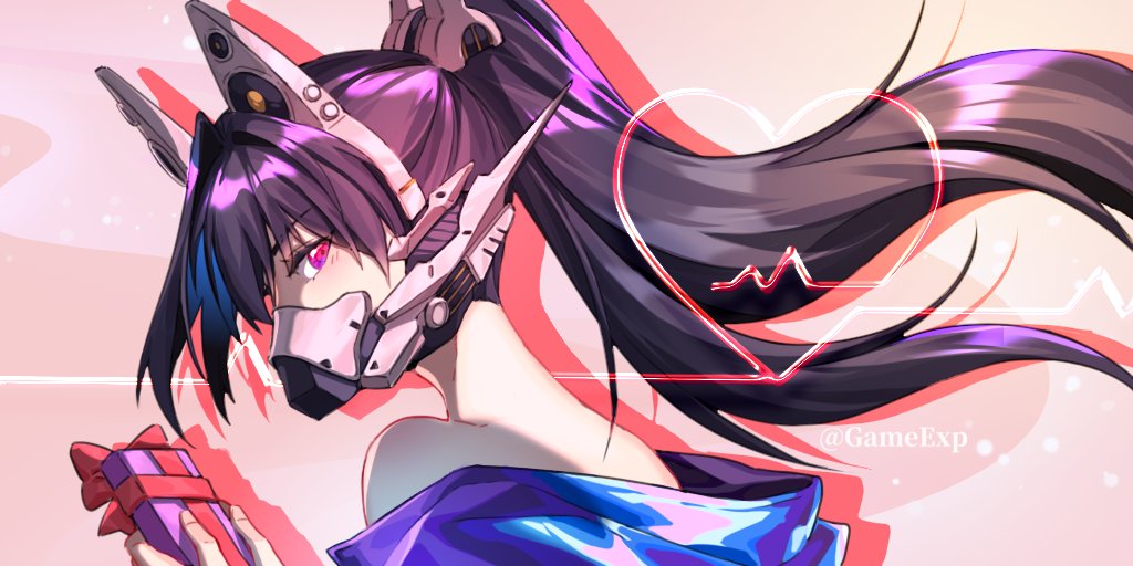 1girl, bare_shoulders, black_hair, from_side, gameexpofficial, gift, goddess_of_victory:_nikke, headgear, heart, high_ponytail, holding, holding_gift, jacket, light_blush, long_hair, looking_at_viewer, mask, mouth_mask, portrait, purple_jacket, sin_(nikke), solo, twitter_username, violet_eyes
