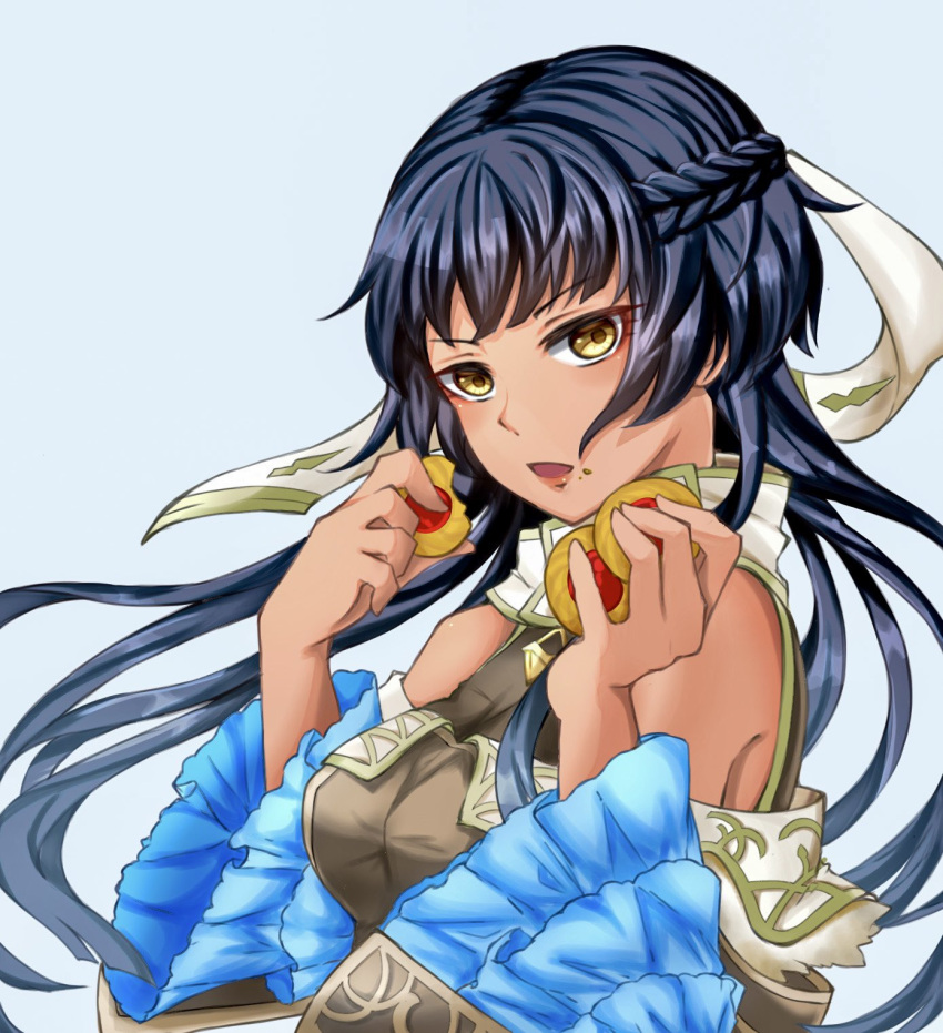 1girl, athena_(fire_emblem), bare_shoulders, black_hair, brown_dress, cookie, detached_sleeves, dress