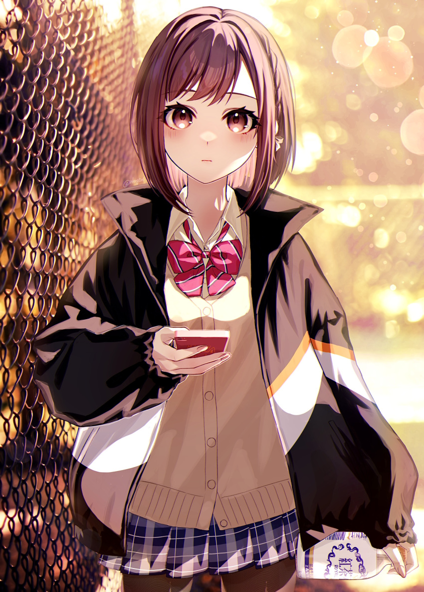 1girl, black_jacket, bottle, bow, bowtie, brown_hair, closed_mouth, highres