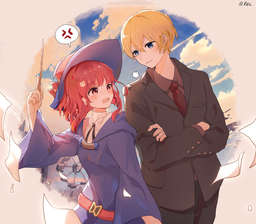 1boy, 1girl, akirarec, arima_kana, black_pants, blonde_hair, blue_eyes, brown_jacket