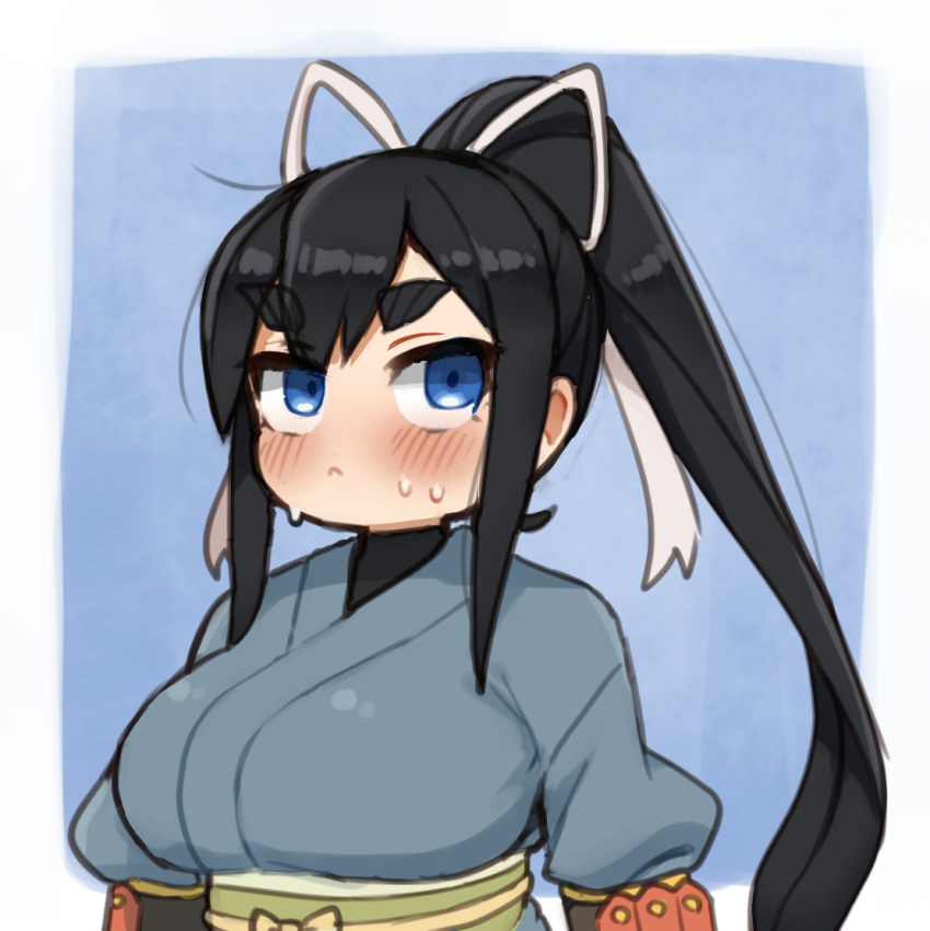 1girl, :<, black_hair, blue_background, blue_eyes, blue_kimono, blush, breasts