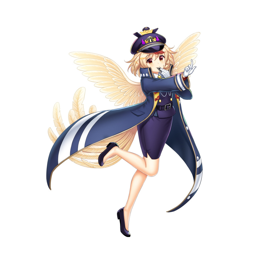 1girl, alternate_costume, belt, bird, bird_wings, black_coat, black_footwear, black_headwear, black_jacket, black_skirt, blonde_hair, chick, coat, full_body, game_cg, hat, highres, holding, holding_whistle, index_finger_raised, jacket, long_sleeves, looking_at_viewer, multicolored_hair, niwatari_kutaka, niwatari_kutaka_(underground_waste_ward_aligner), open_clothes, open_coat, peaked_cap, redhead, rotte_(1109), short_hair, simple_background, skirt, tail_feathers, third-party_source, touhou, touhou_lost_word, two-tone_hair, whistle, white_background, wings, yellow_eyes, yellow_wings