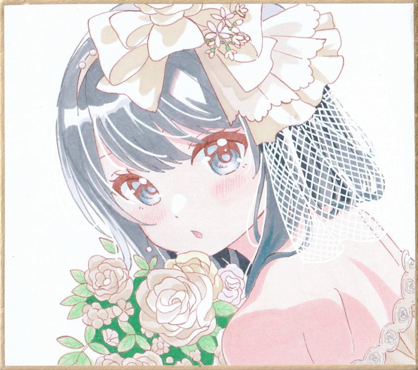 1girl, :o, bare_shoulders, black_hair, blue_eyes, blush, bouquet, bow, bridal_veil, close-up, dot_nose, dress, dutch_angle, eyebrows_hidden_by_hair, flower, hair_between_eyes, hair_bow, highres, holding, holding_bouquet, idoly_pride, long_bangs, long_hair, median_furrow, nagase_kotono, open_mouth, portrait, rose, sakuranoron, shikishi, sidelocks, solo, straight_hair, strapless, strapless_dress, veil, wedding_dress, white_bow, white_dress, white_flower, white_rose, white_veil