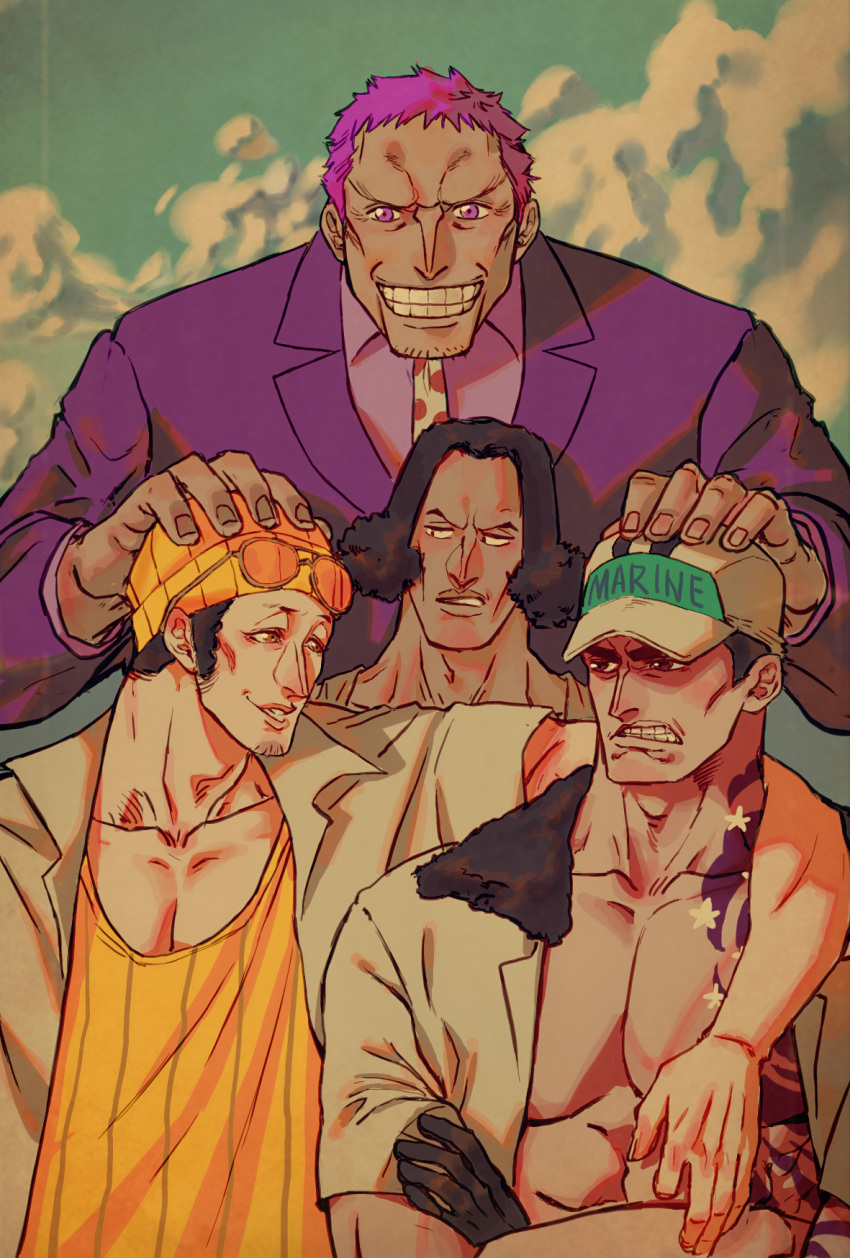 4boys, aged_down, baseball_cap, black_gloves, black_hair, borsalino_(kizaru), clouds, cloudy_sky, crossed_arms, curly_hair, english_text, eyewear_on_head, eyewear_removed, facial_hair, formal, gloves, hat, highres, kuzan_(aokiji), laoyue_hhhh, looking_at_viewer, multiple_boys, neck_tattoo, necktie, one_piece, one_piece_film:_z, open_clothes, orange_headwear, outdoors, purple_hair, sakazuki_(akainu), short_hair, sky, smile, sunglasses, tattoo, teeth, violet_eyes, zephyr_(one_piece)