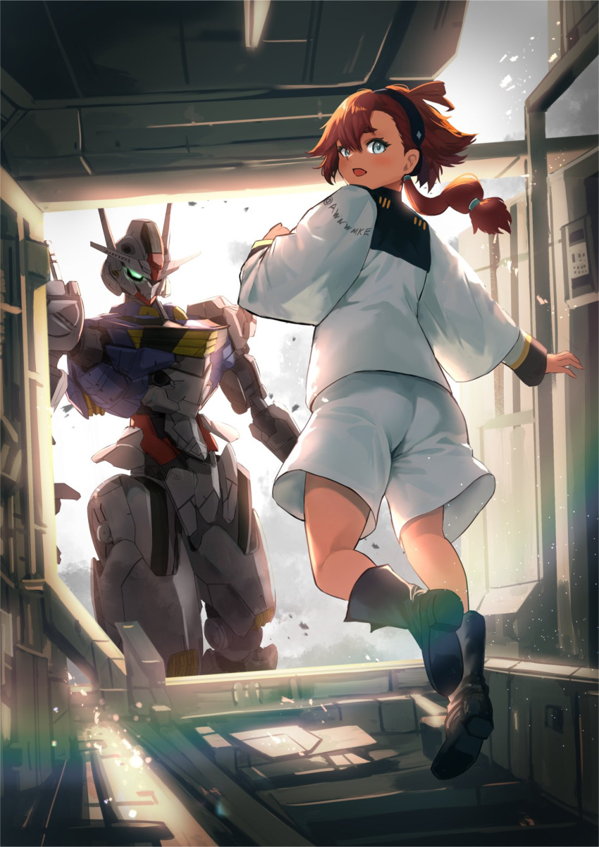 1girl, :d, artist_name, asticassia_school_uniform, awnw, black_footwear, black_hairband, boots, commentary, floating, glowing, glowing_eyes, grey_eyes, gundam, gundam_aerial, gundam_suisei_no_majo, hair_between_eyes, hairband, highres, jacket, long_hair, long_sleeves, looking_at_viewer, looking_back, low_ponytail, mecha, mobile_suit, open_mouth, redhead, robot, school_uniform, science_fiction, shorts, smile, solo, space, suletta_mercury, thick_eyebrows, v-fin, white_jacket, white_shorts, zero_gravity