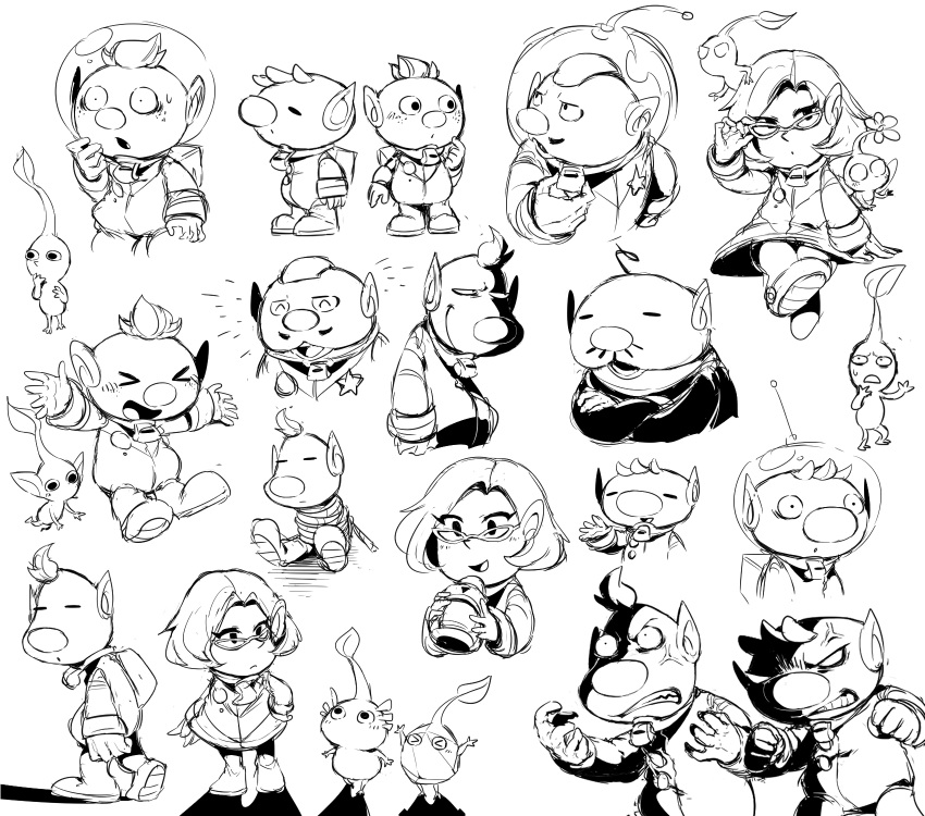 >_<, 1girl, 5boys, :o, alien, alph_(pikmin), anger_vein, backpack