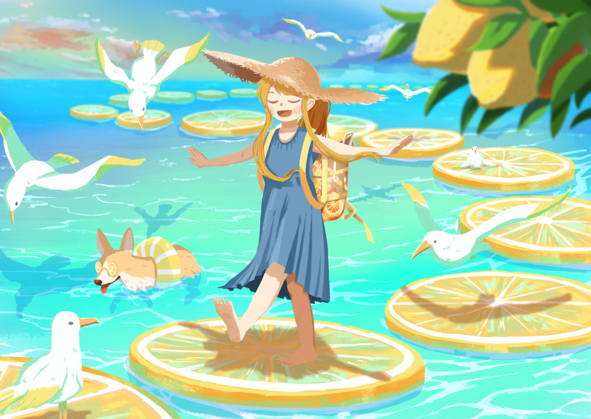 1girl, animal, backpack, bag, barefoot, bird, blonde_hair, blue_dress