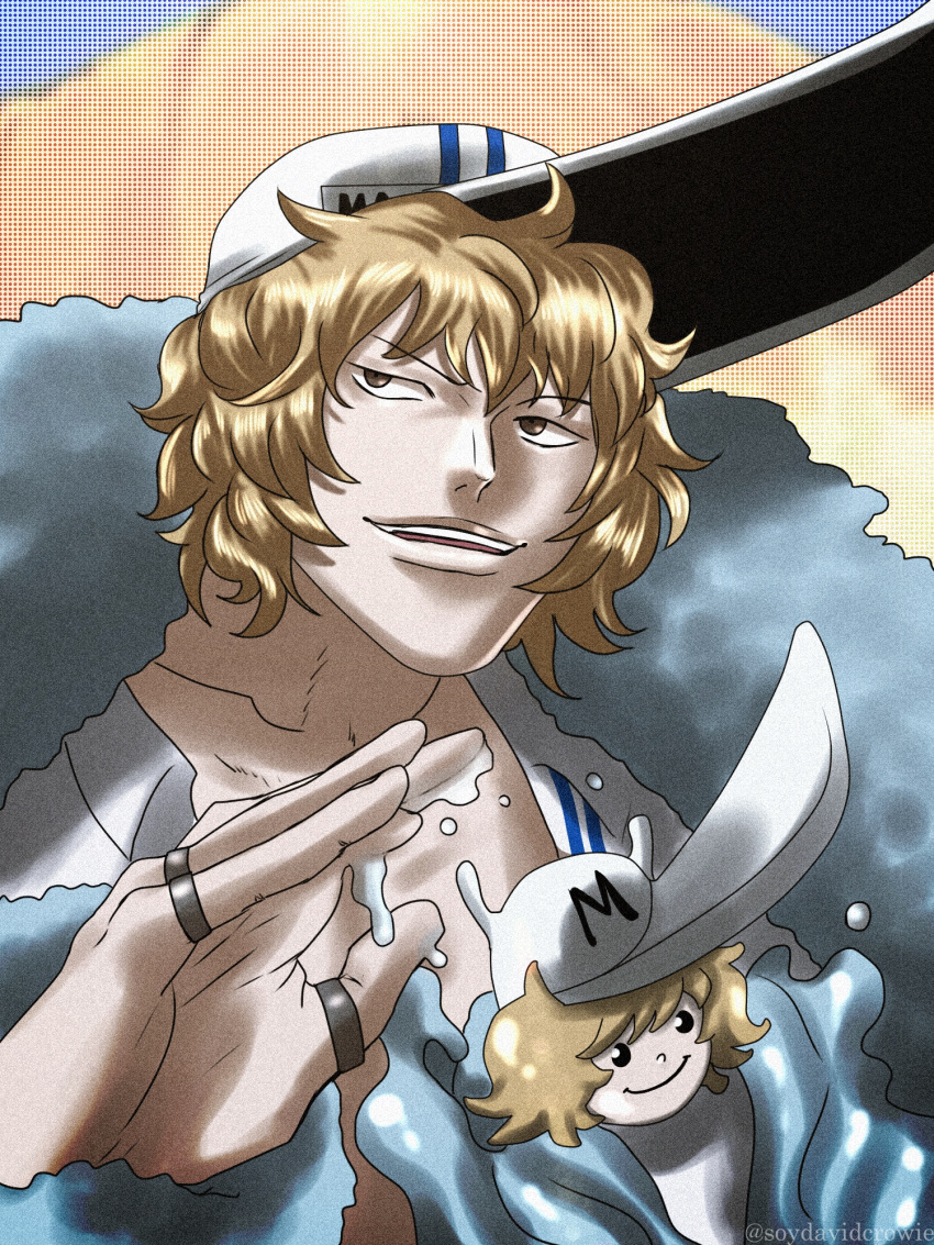 1boy, blonde_hair, character_doll, coat, doll, fur_coat, hat, highres, jewelry, looking_to_the_side, male_focus, one_piece, open_mouth, prince_grus, ring, short_hair, solo, solo_focus, soydavidcrowie, teeth, wavy_hair