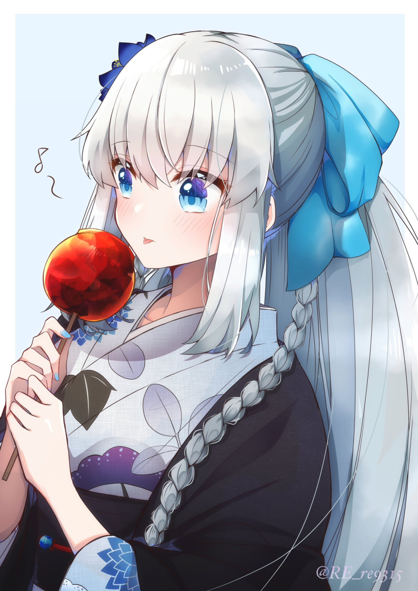 1girl, blue_background, blue_bow, blue_flower, blue_hair, blue_nails, blush, border, bow, braid, candy_apple, commentary_request, fate/grand_order, fate_(series), flower, food, grey_hair, hair_bow, hair_flower, hair_ornament, haori, highres, holding, holding_food, japanese_clothes, long_hair, morgan_le_fay_(fate), musical_note, obi, official_alternate_costume, outside_border, ponytail, re_re9315, sash, sidelocks, simple_background, single_braid, solo, tongue, tongue_out, twitter_username, very_long_hair, white_border