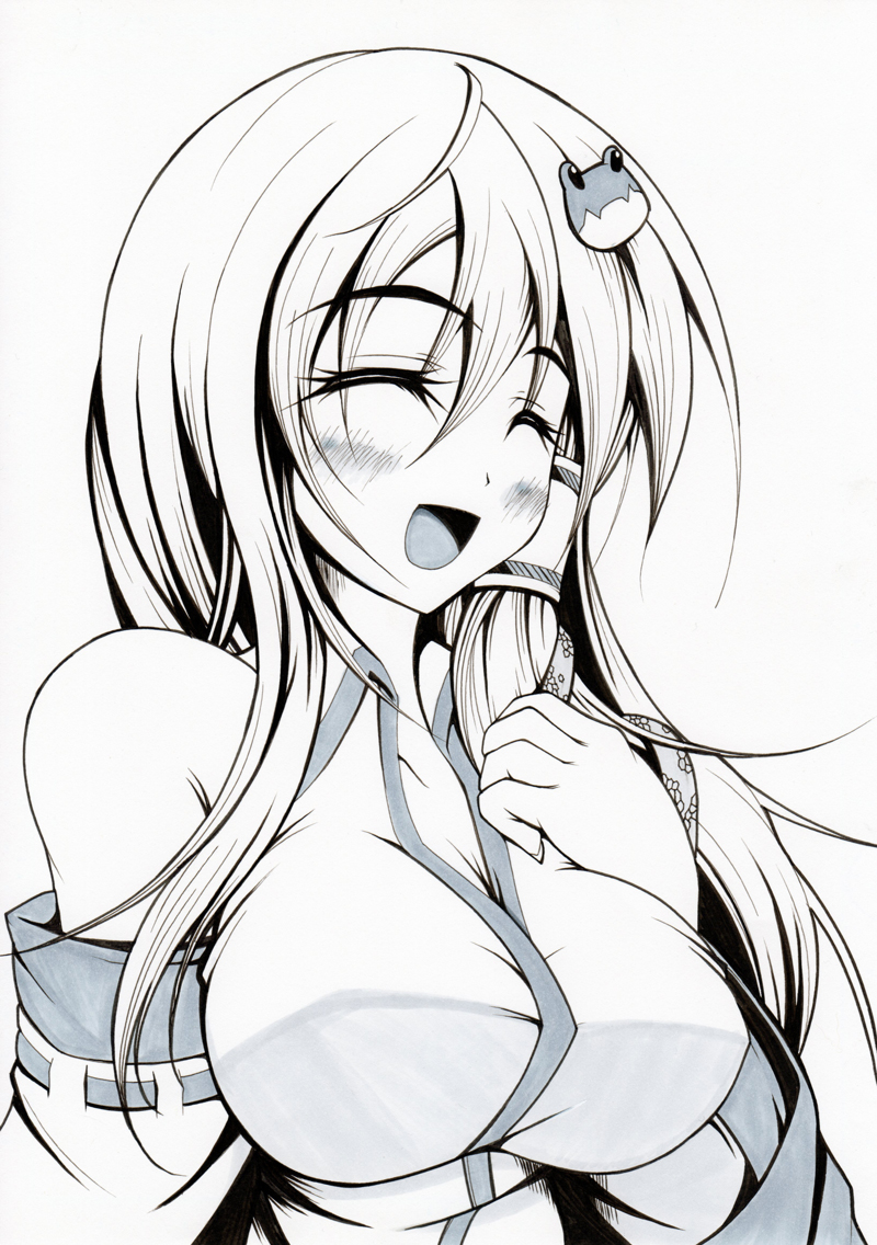 bare_shoulders, blush, breasts, bust, closed_eyes, kochiya_sanae, large_breasts, marker