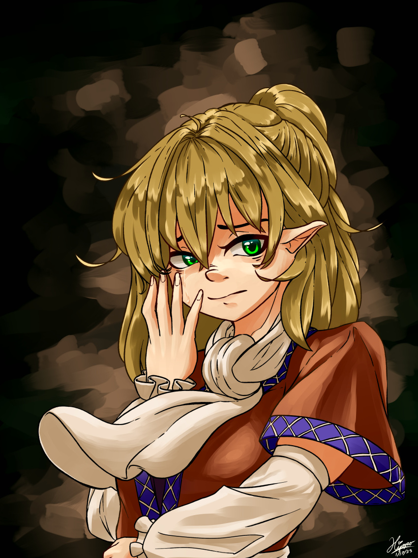 1girl, absurdres, arm_warmers, blonde_hair, breasts, brown_shirt, closed_mouth, commentary