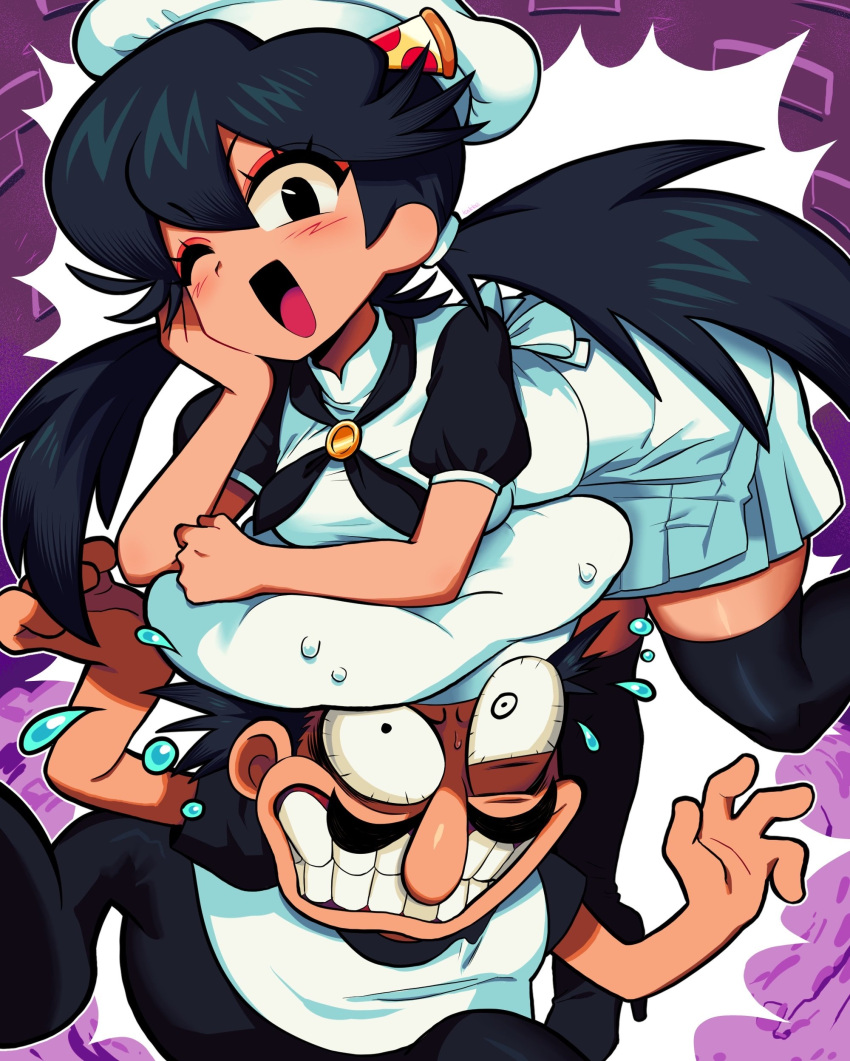 >:), 1boy, 1girl, ;d, absurdres, angry, asymmetrical_eyes, black_footwear