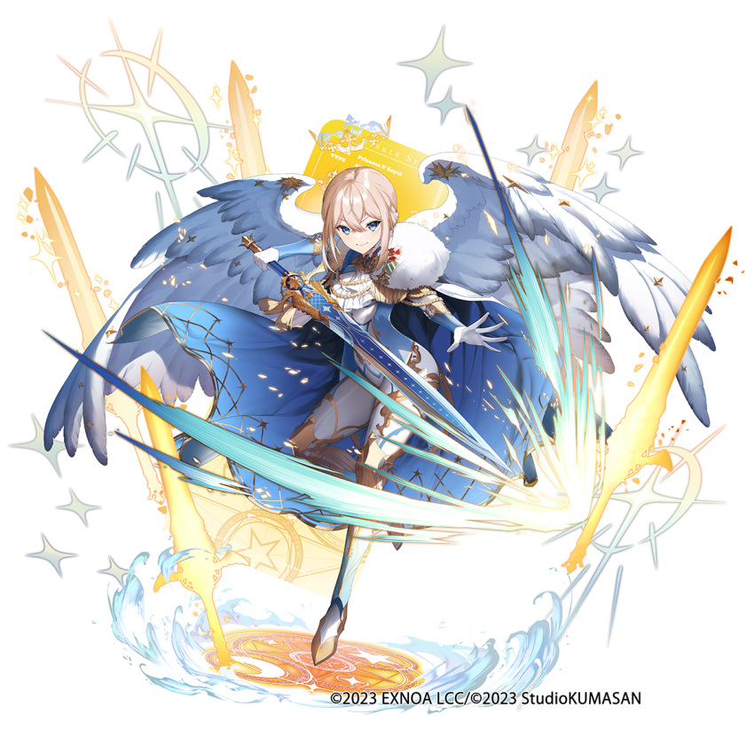 1girl, aiguillette, arrow_(tamawo222), ascot, blonde_hair, blue_cape, blue_eyes, cape