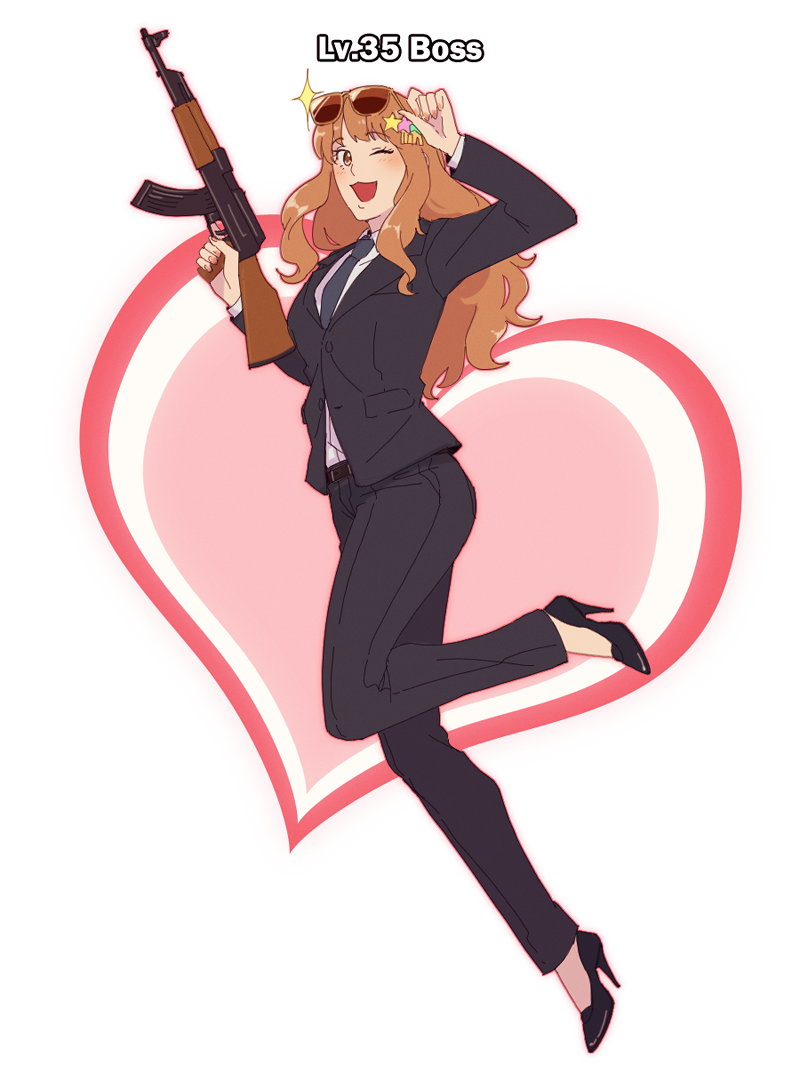 1girl, :3, ;d, adjusting_eyewear, ak-47, assault_rifle, belt, black_necktie