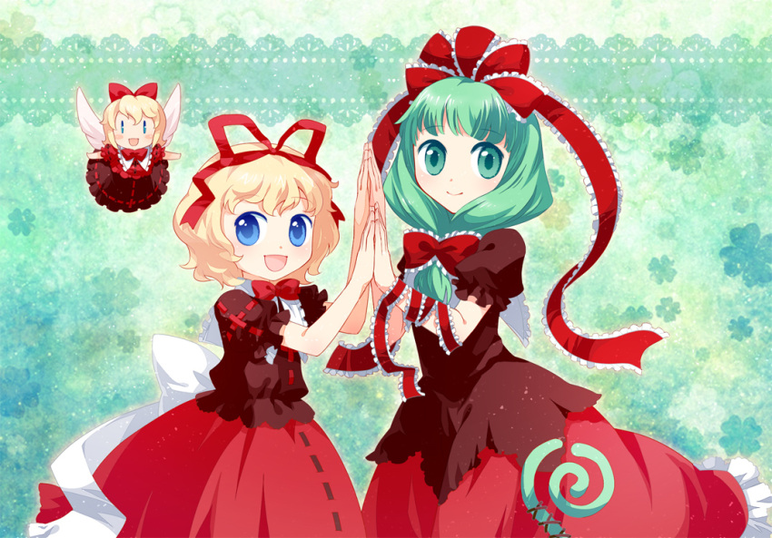 blue_eyes, bow, green_eyes, green_hair, hair_bow, juuno_(nekoda), kagiyama_hina, medicine_melancholy